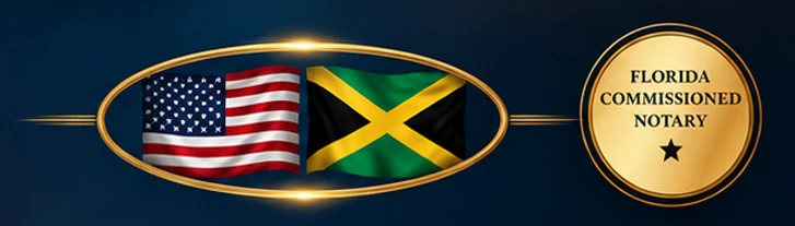 United States and Jamaica flags beside a Florida Commissioned Notary seal