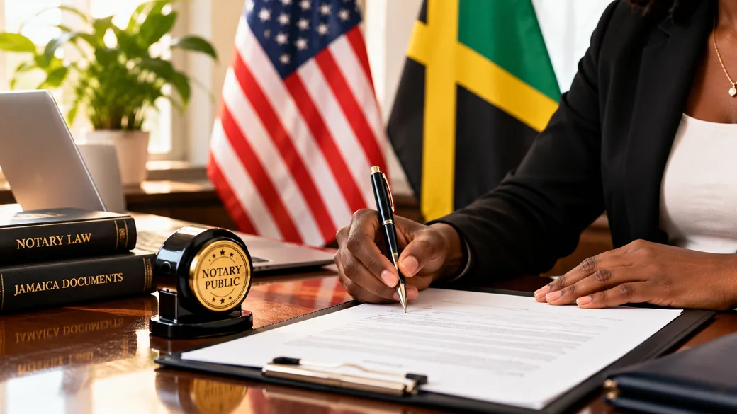 Notary public desk with United States and Jamaica flags, notary seal, and a document being signed