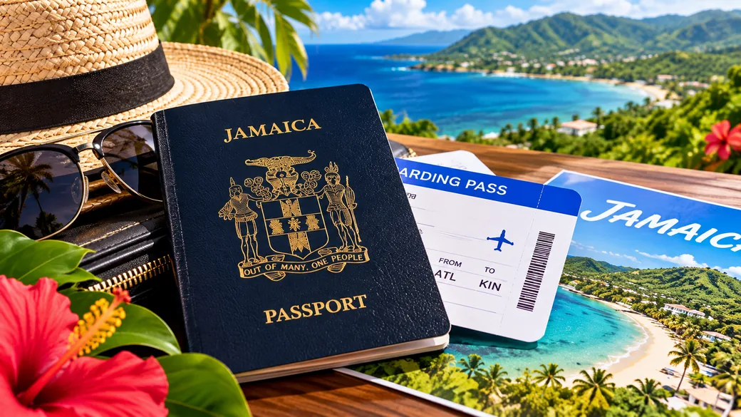 Jamaican passport, boarding pass, and travel accessories with a Jamaican coastal view